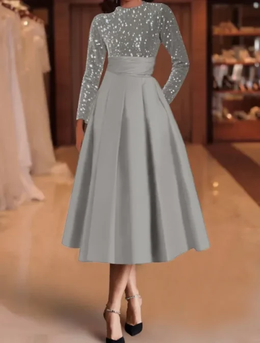 A-Line Sequin Cocktail Dresses Elegant Dress Wedding Guest Tea Length Long Sleeve Jewel Neck Satin with Pleats Dresses