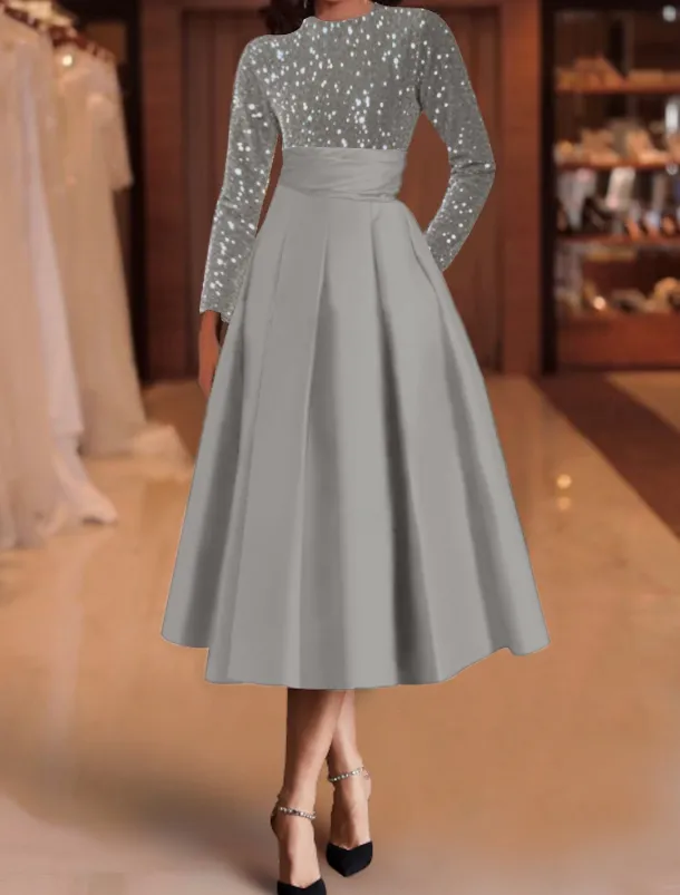 A-Line Sequin Cocktail Dresses Elegant Dress Wedding Guest Tea Length Long Sleeve Jewel Neck Satin with Pleats Dresses
