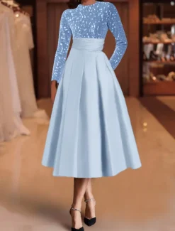 A-Line Sequin Cocktail Dresses Elegant Dress Wedding Guest Tea Length Long Sleeve Jewel Neck Satin with Pleats Dresses