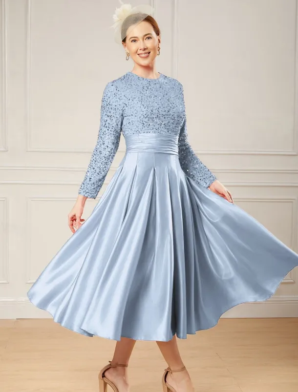 A-Line Sequin Cocktail Dresses Elegant Dress Wedding Guest Tea Length Long Sleeve Jewel Neck Satin with Pleats Dresses