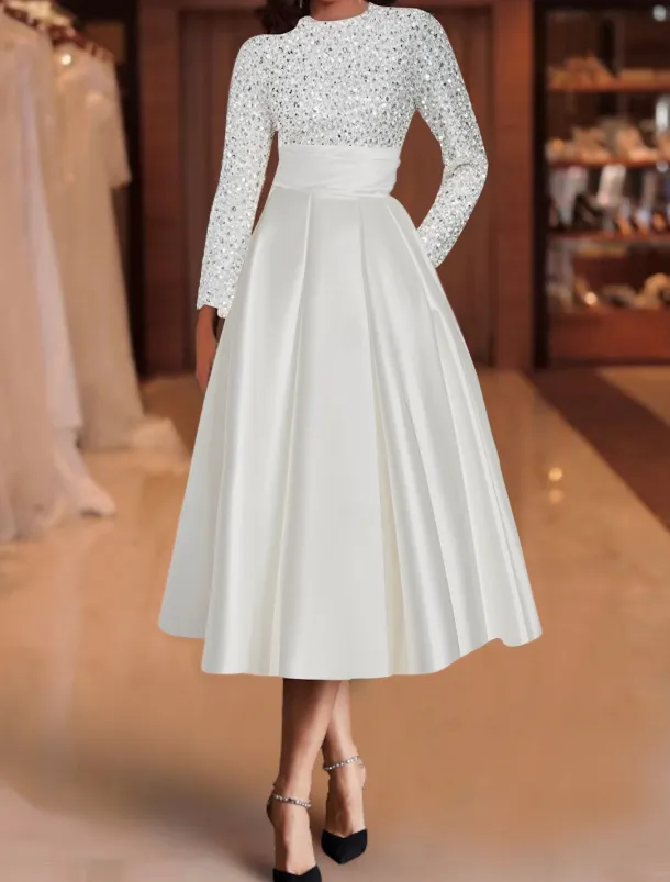 A-Line Sequin Cocktail Dresses Elegant Dress Wedding Guest Tea Length Long Sleeve Jewel Neck Satin with Pleats Dresses