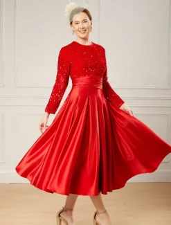 A-Line Sequin Cocktail Dresses Elegant Dress Wedding Guest Tea Length Long Sleeve Jewel Neck Satin with Pleats Dresses
