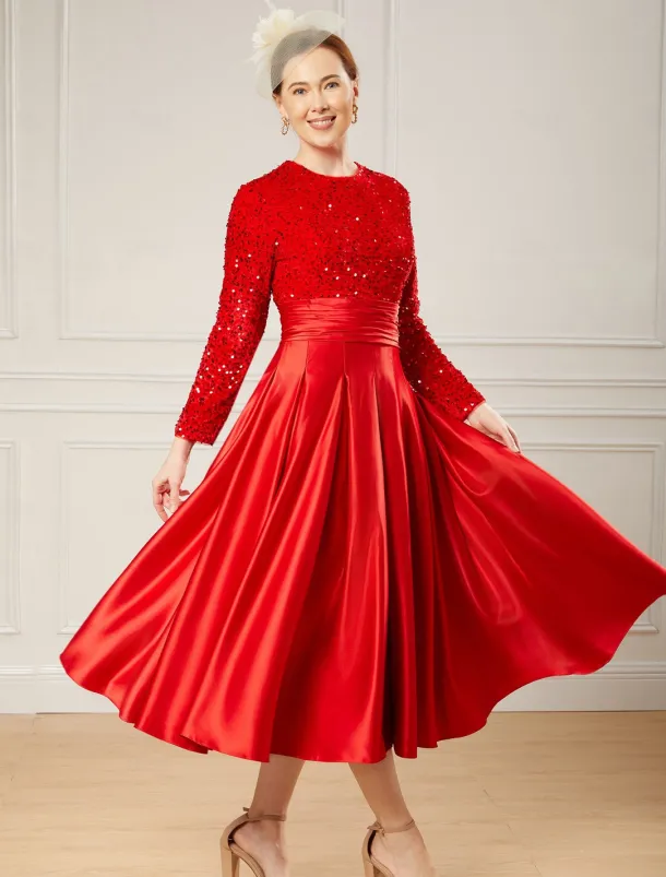 A-Line Sequin Cocktail Dresses Elegant Dress Wedding Guest Tea Length Long Sleeve Jewel Neck Satin with Pleats Dresses