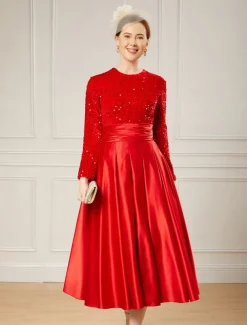 A-Line Sequin Cocktail Dresses Elegant Dress Wedding Guest Tea Length Long Sleeve Jewel Neck Satin with Pleats Dresses