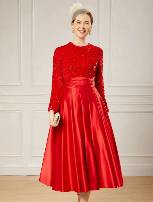 A-Line Sequin Cocktail Dresses Elegant Dress Wedding Guest Tea Length Long Sleeve Jewel Neck Satin with Pleats Dresses