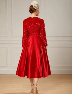 A-Line Sequin Cocktail Dresses Elegant Dress Wedding Guest Tea Length Long Sleeve Jewel Neck Satin with Pleats Dresses