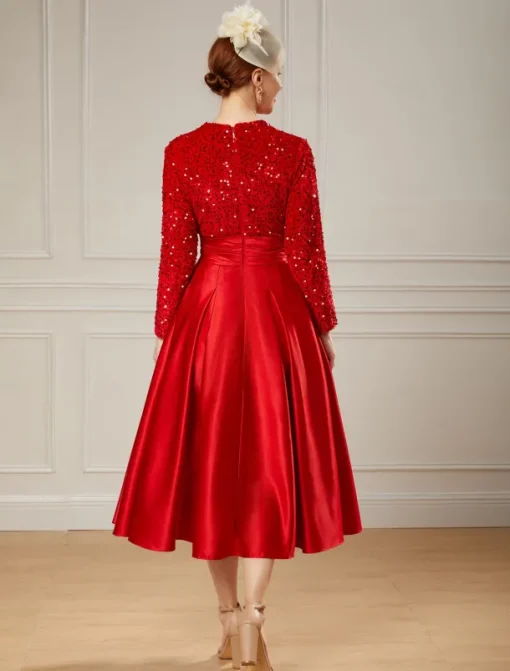 A-Line Sequin Cocktail Dresses Elegant Dress Wedding Guest Tea Length Long Sleeve Jewel Neck Satin with Pleats Dresses