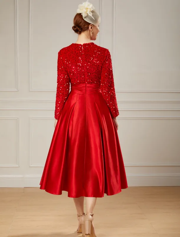 A-Line Sequin Cocktail Dresses Elegant Dress Wedding Guest Tea Length Long Sleeve Jewel Neck Satin with Pleats Dresses