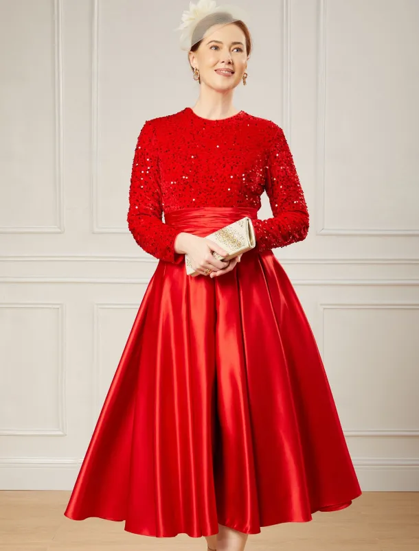 A-Line Sequin Cocktail Dresses Elegant Dress Wedding Guest Tea Length Long Sleeve Jewel Neck Satin with Pleats Dresses