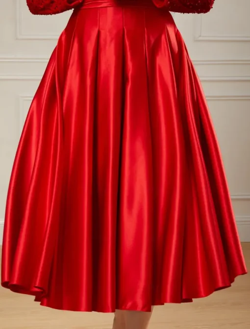 A-Line Sequin Cocktail Dresses Elegant Dress Wedding Guest Tea Length Long Sleeve Jewel Neck Satin with Pleats Dresses