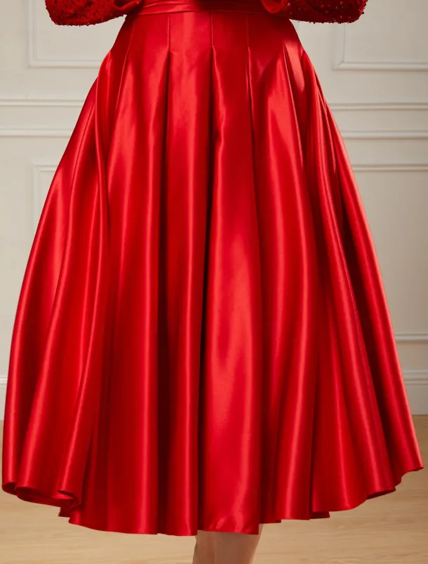 A-Line Sequin Cocktail Dresses Elegant Dress Wedding Guest Tea Length Long Sleeve Jewel Neck Satin with Pleats Dresses