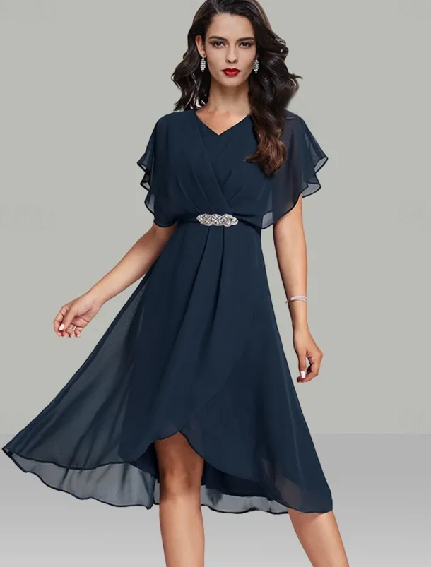 A-Line Wedding Guest Dresses Elegant Dress Semi Formal Tea Length Short Sleeve V Neck Belt / Sash Chiffon with Beading