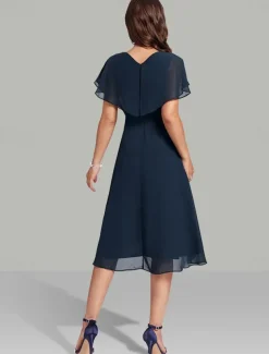 A-Line Wedding Guest Dresses Elegant Dress Semi Formal Tea Length Short Sleeve V Neck Belt / Sash Chiffon with Beading