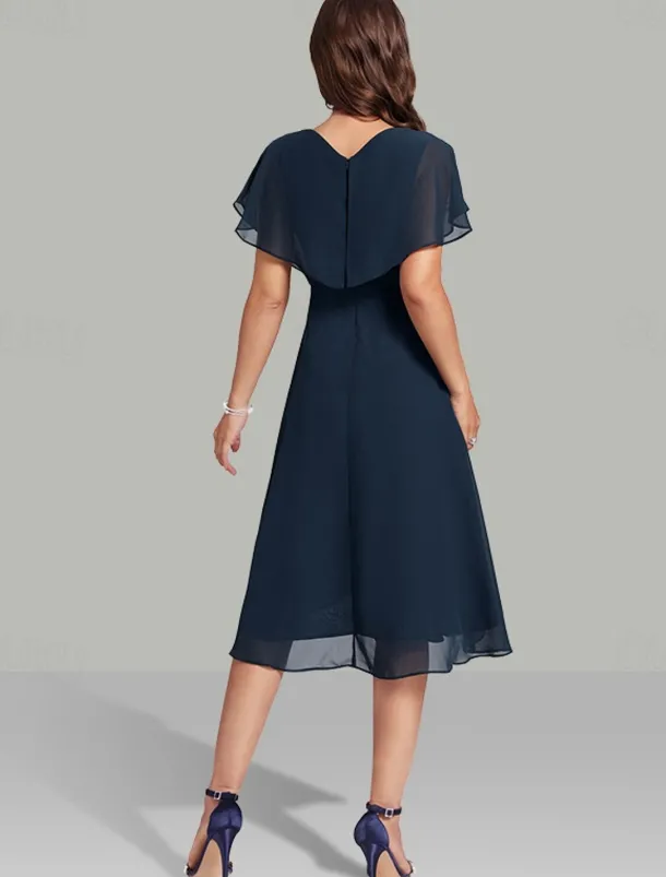 A-Line Wedding Guest Dresses Elegant Dress Semi Formal Tea Length Short Sleeve V Neck Belt / Sash Chiffon with Beading