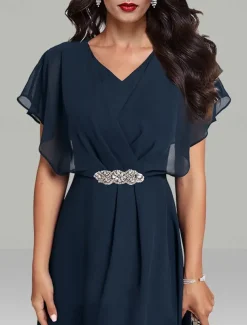 A-Line Wedding Guest Dresses Elegant Dress Semi Formal Tea Length Short Sleeve V Neck Belt / Sash Chiffon with Beading