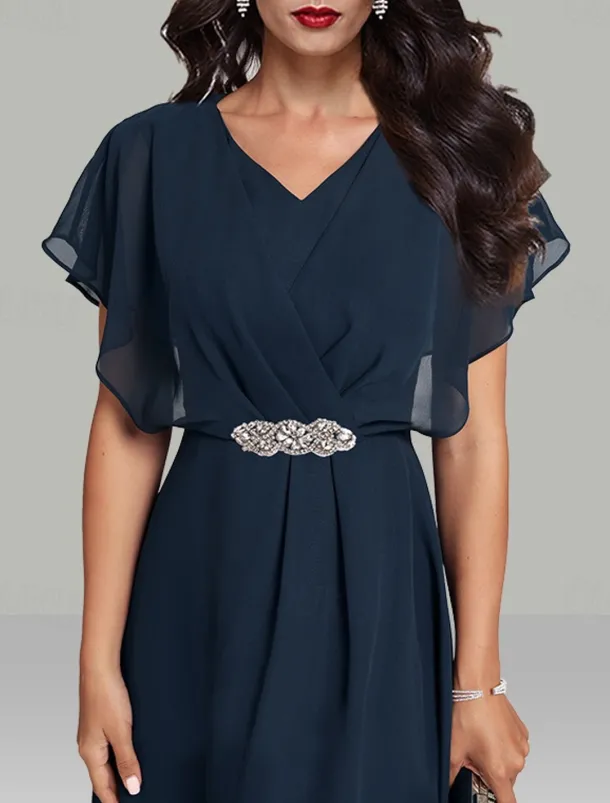 A-Line Wedding Guest Dresses Elegant Dress Semi Formal Tea Length Short Sleeve V Neck Belt / Sash Chiffon with Beading