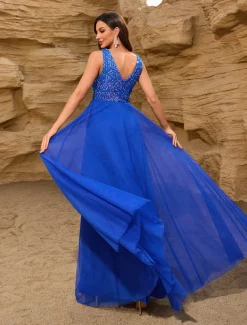 A-Line Wedding Guest Dresses Elegant Dress Wedding Guest Birthday Floor Length Sleeveless V Neck Pink Dress Tulle V Back with Sequin