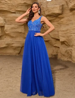 A-Line Wedding Guest Dresses Elegant Dress Wedding Guest Birthday Floor Length Sleeveless V Neck Pink Dress Tulle V Back with Sequin