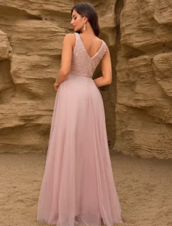 A-Line Wedding Guest Dresses Elegant Dress Wedding Guest Birthday Floor Length Sleeveless V Neck Pink Dress Tulle V Back with Sequin