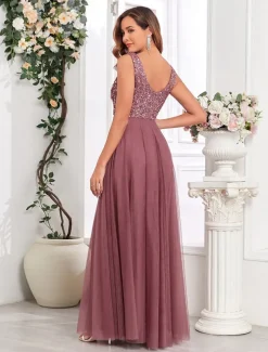 A-Line Wedding Guest Dresses Elegant Dress Wedding Guest Birthday Floor Length Sleeveless V Neck Pink Dress Tulle V Back with Sequin
