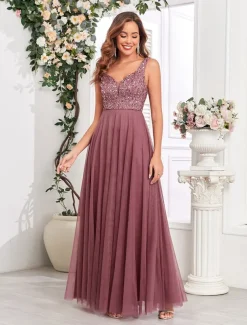 A-Line Wedding Guest Dresses Elegant Dress Wedding Guest Birthday Floor Length Sleeveless V Neck Pink Dress Tulle V Back with Sequin