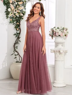 A-Line Wedding Guest Dresses Elegant Dress Wedding Guest Birthday Floor Length Sleeveless V Neck Pink Dress Tulle V Back with Sequin