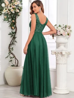 A-Line Wedding Guest Dresses Elegant Dress Wedding Guest Birthday Floor Length Sleeveless V Neck Pink Dress Tulle V Back with Sequin