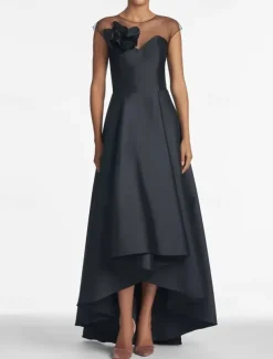 A-Line Wedding Guest Dresses Elegant Dress Wedding Guest Wedding Party Asymmetrical Sleeveless Jewel Neck Satin with Shouder Flower Dresses