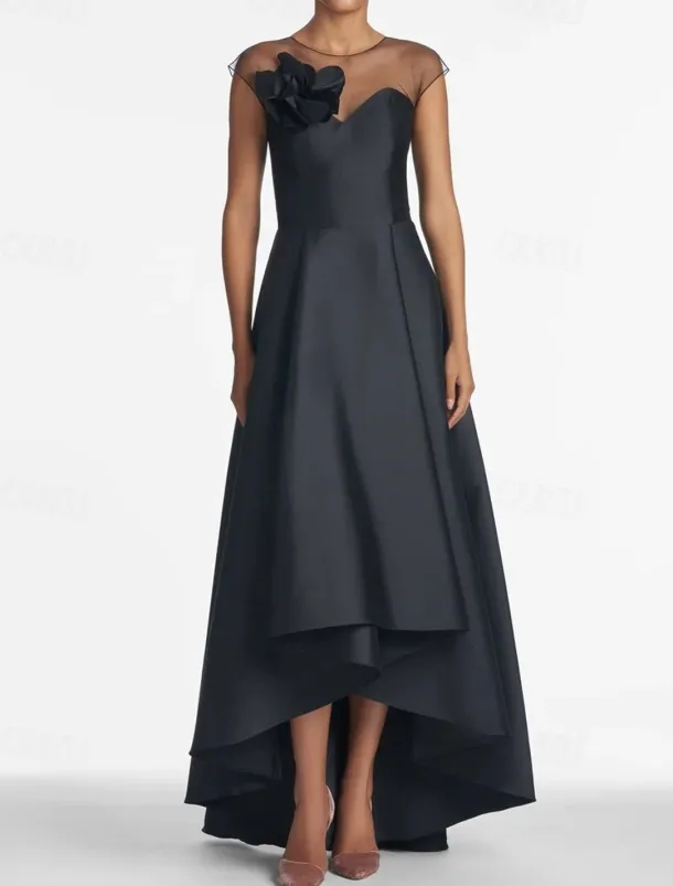A-Line Wedding Guest Dresses Elegant Dress Wedding Guest Wedding Party Asymmetrical Sleeveless Jewel Neck Satin with Shouder Flower Dresses