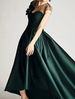 A-Line Wedding Guest Dresses Elegant Dress Wedding Guest Wedding Party Asymmetrical Sleeveless Jewel Neck Satin with Shouder Flower Dresses