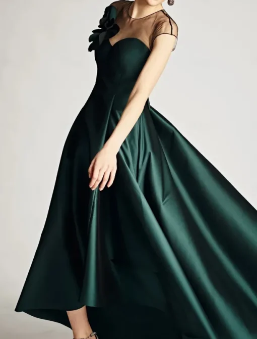 A-Line Wedding Guest Dresses Elegant Dress Wedding Guest Wedding Party Asymmetrical Sleeveless Jewel Neck Satin with Shouder Flower Dresses