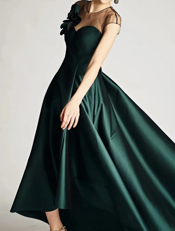 A-Line Wedding Guest Dresses Elegant Dress Wedding Guest Wedding Party Asymmetrical Sleeveless Jewel Neck Satin with Shouder Flower Dresses