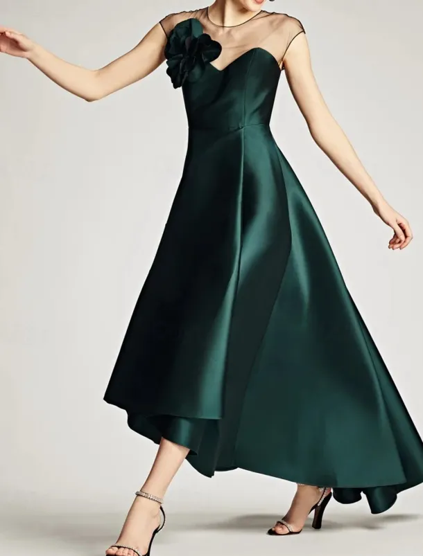 A-Line Wedding Guest Dresses Elegant Dress Wedding Guest Wedding Party Asymmetrical Sleeveless Jewel Neck Satin with Shouder Flower Dresses
