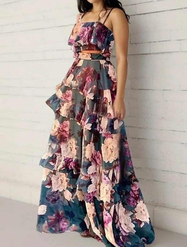 A-Line Wedding Guest Dresses Floral Dress Holiday Summer Floor Length Sleeveless Square Neck Polyester with Print dress to impress