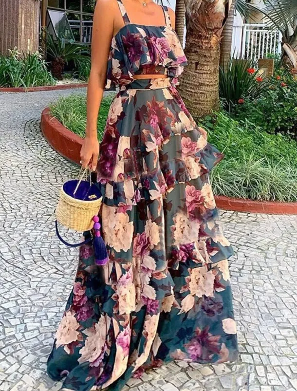 A-Line Wedding Guest Dresses Floral Dress Holiday Summer Floor Length Sleeveless Square Neck Polyester with Print dress to impress