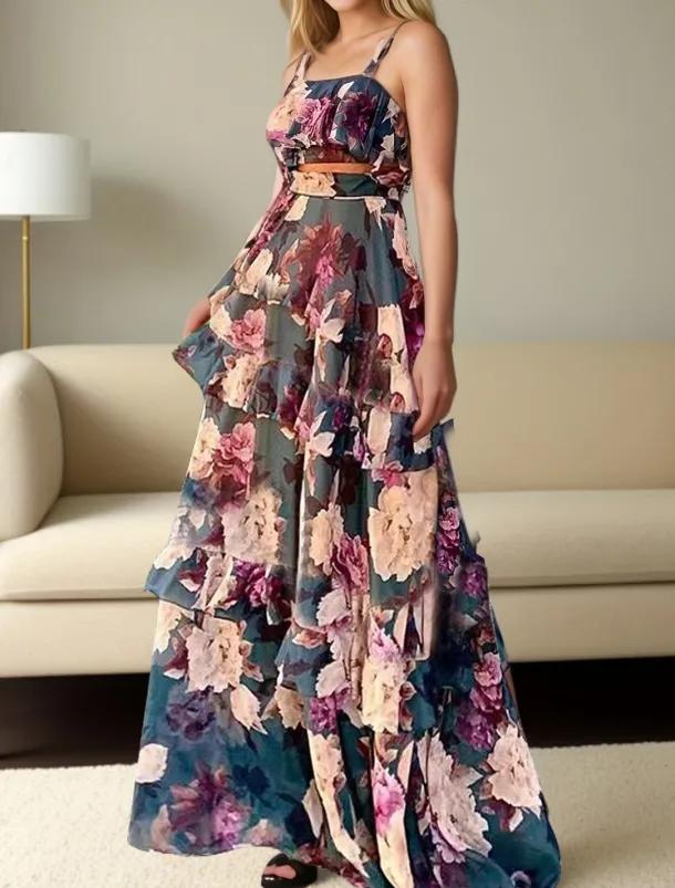 A-Line Wedding Guest Dresses Floral Dress Holiday Summer Floor Length Sleeveless Square Neck Polyester with Print dress to impress