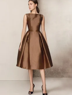 A-Line Wedding Guest Dresses Elegant Dress Homecoming Summer Tea Length Sleeveless V Neck Pocket Satin with Bow(s)