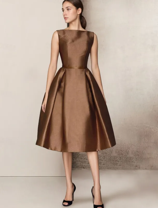 A-Line Wedding Guest Dresses Elegant Dress Homecoming Summer Tea Length Sleeveless V Neck Pocket Satin with Bow(s)