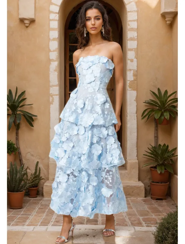 A-LineCocktail Dresses Tiered Dress Semi Formal Wedding Midi Length Sleeveless Off Shoulder with Floral Embroidered Lace Appliques