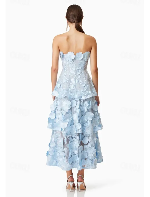 A-LineCocktail Dresses Tiered Dress Semi Formal Wedding Midi Length Sleeveless Off Shoulder with Floral Embroidered Lace Appliques