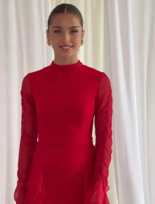 A-LineElegant Dress Wedding Wedding Guest Floor Length Long Sleeve High Neck Chiffon with Ruffles