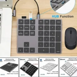 Aluminum Alloy Bluetooth Wireless Numeric Keypad with USB HUB Digital Input Function for WindowsMac OSAndroid laptop PC