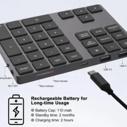 Aluminum Alloy Bluetooth Wireless Numeric Keypad with USB HUB Digital Input Function for WindowsMac OSAndroid laptop PC
