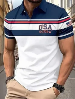 American Independence Day Men's USA Polo Shirts Button Up Polos Golf Shirt Short Sleeve Polo Shirts Lapel Fashion Casual Daily Festival Print Summer Blue
