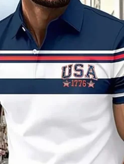 American Independence Day Men's USA Polo Shirts Button Up Polos Golf Shirt Short Sleeve Polo Shirts Lapel Fashion Casual Daily Festival Print Summer Blue