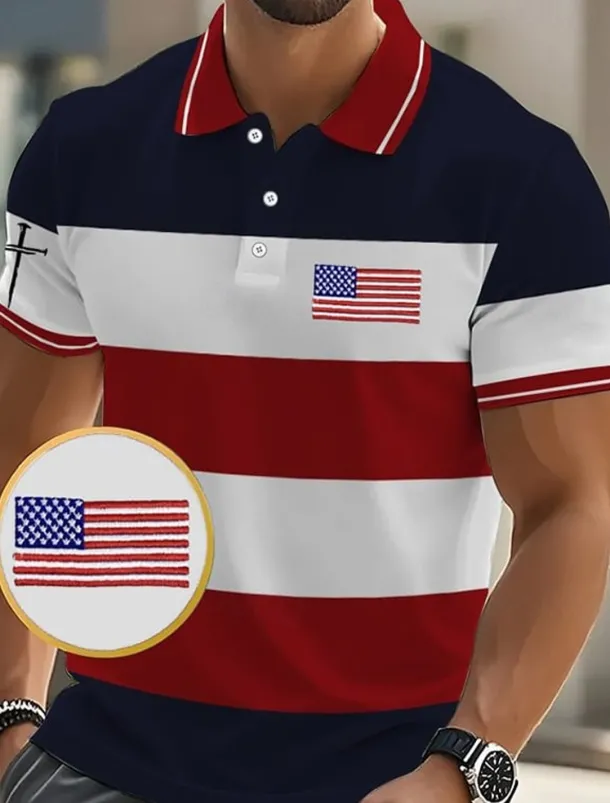 American Independence Day Men's Color Block American US Flag Polo Shirts Button Up Polos Golf Shirt Short Sleeve Polo Shirts Lapel Fashion Casual Daily Festival Print Summer Red