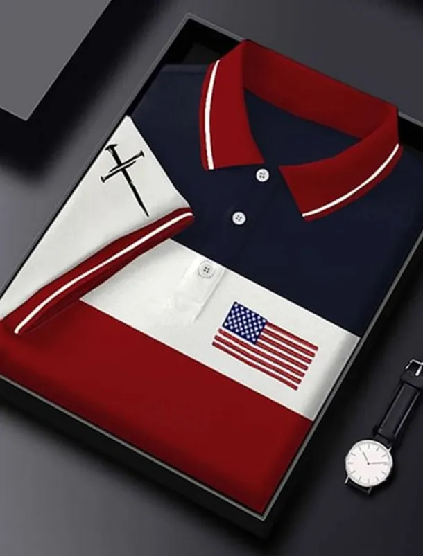 American Independence Day Men's Color Block American US Flag Polo Shirts Button Up Polos Golf Shirt Short Sleeve Polo Shirts Lapel Fashion Casual Daily Festival Print Summer Red