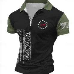 American Independence Day Men's American Flag Veterans Zip Polo Shirts Golf Shirt Short Sleeve Polo Shirts Collared Shirts Casual Streetwear Vacation Wear Party Outfits 3D Print Quarter Zip Polo