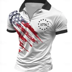 American Independence Day Men's American Flag Veterans Zip Polo Shirts Golf Shirt Short Sleeve Polo Shirts Collared Shirts Casual Streetwear Vacation Wear Party Outfits 3D Print Quarter Zip Polo