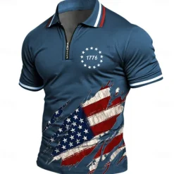 American Independence Day Men's American US Flag Zip Polo Shirts Short Sleeve Polo Shirts Collared Shirts Casual Athleisure Daily Wear 3D Print Summer Blue Green Gray